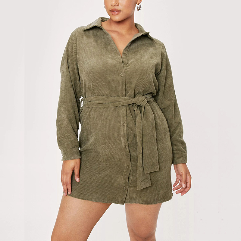 Plus size belted corduroy button down shirt dress womens