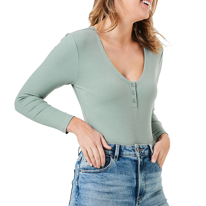 Ribbed long sleeve V neck bodysuit