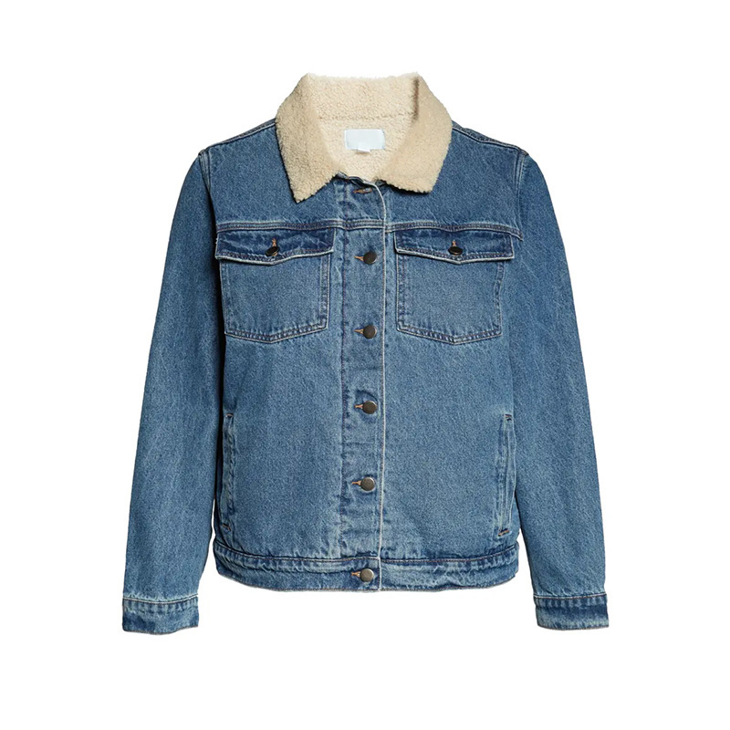 Womens denim trucker jacket with faux shearling Collar