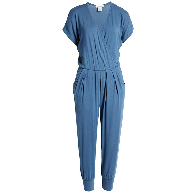 Short sleeve wrap top jumpsuit womens