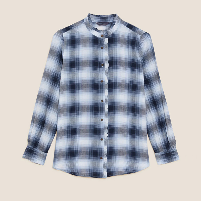 Womens plaid flannel otton check frill detail shirt