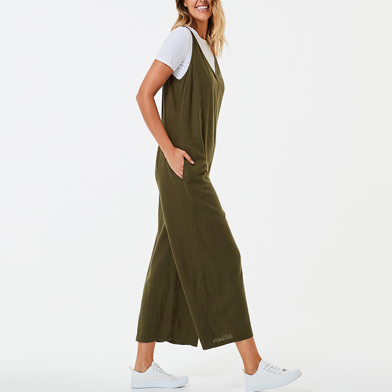 Sleeveless v-neck wide leg linen overalls womens