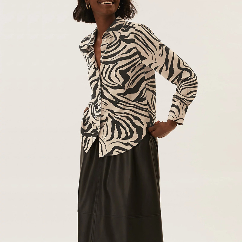 Zebra animal print collared long sleeve tops blouse for women