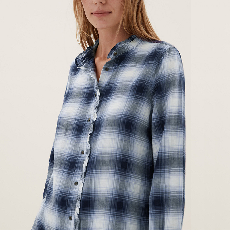 Womens plaid flannel otton check frill detail shirt