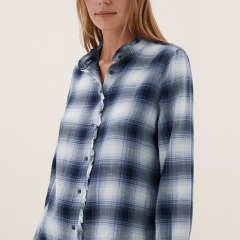 Womens plaid flannel otton check frill detail shirt