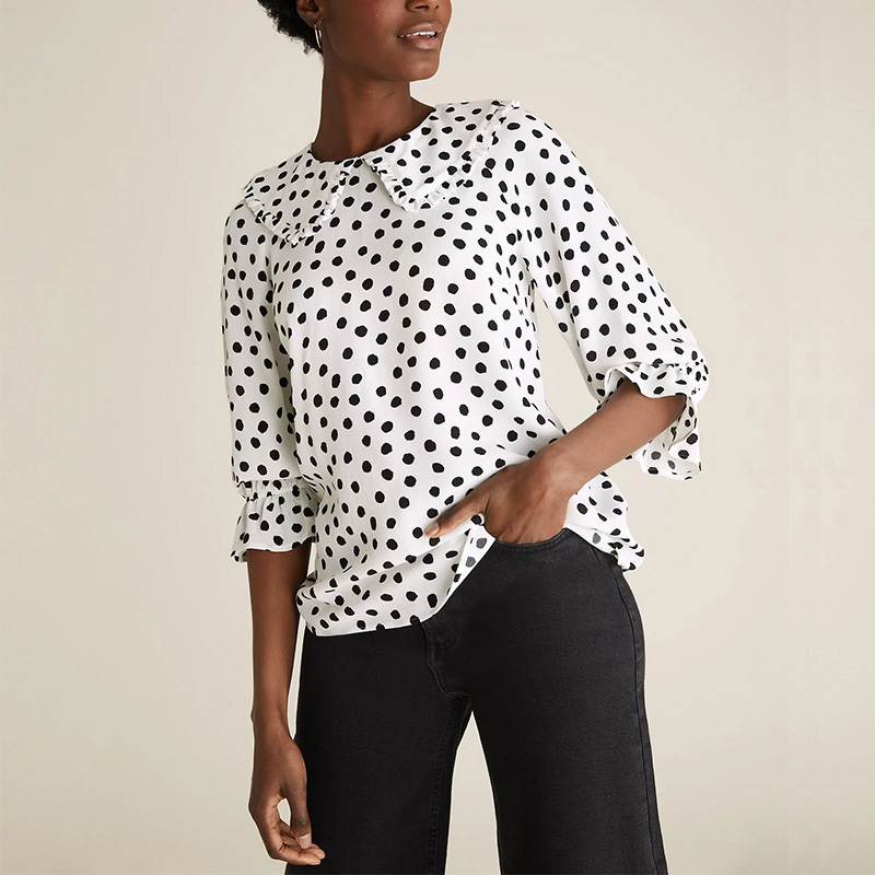 Womens white polka dot print doll collar ruffle blouse