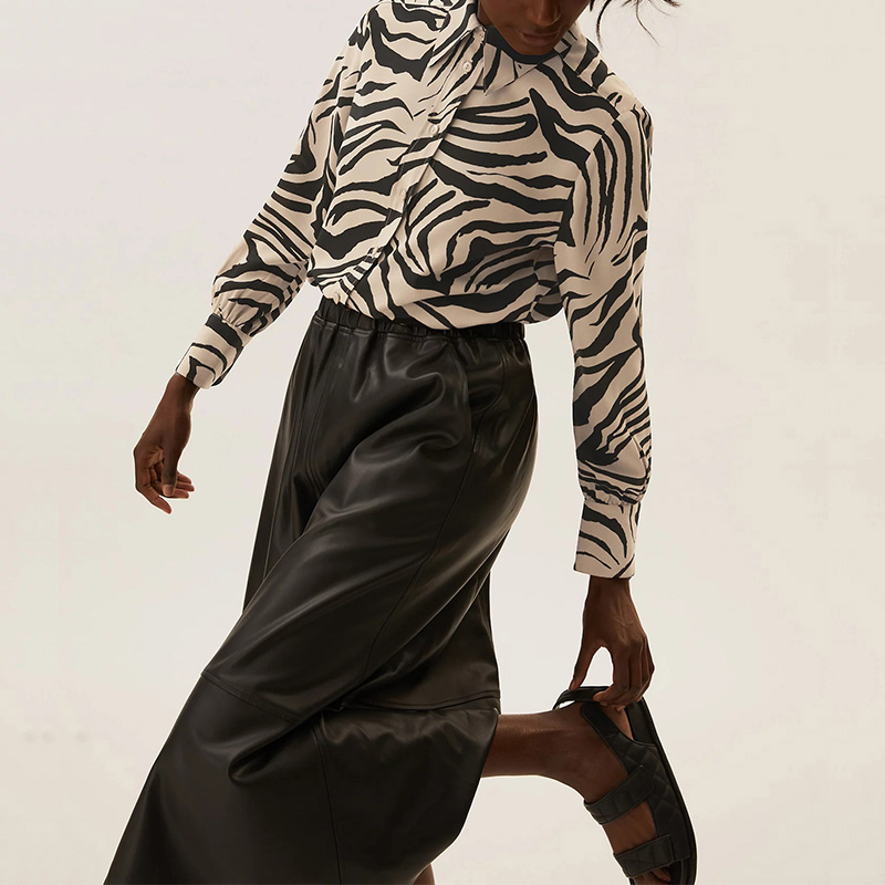 Zebra animal print collared long sleeve tops blouse for women