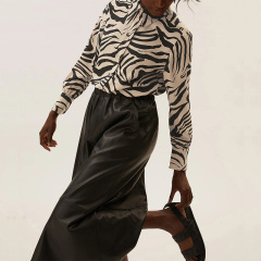 Zebra animal print collared long sleeve tops blouse for women
