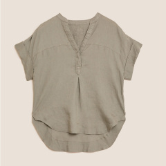 Womens washable linen V-neck short sleeve blouse