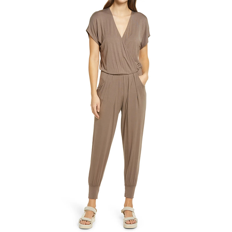 Short sleeve wrap top jumpsuit womens