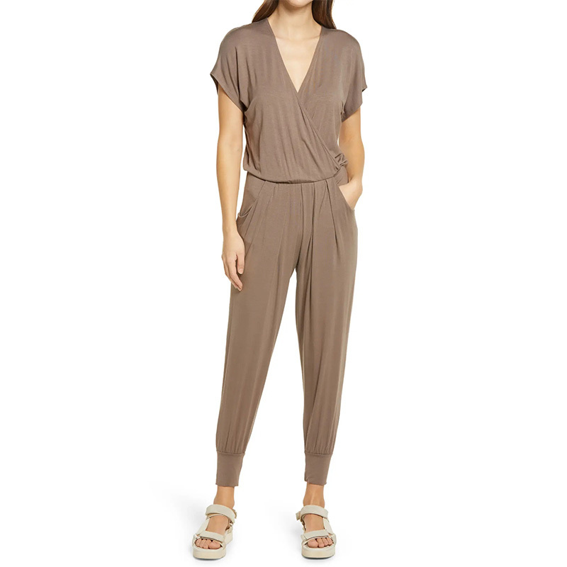 Short sleeve wrap top jumpsuit womens