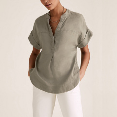 Womens washable linen V-neck short sleeve blouse