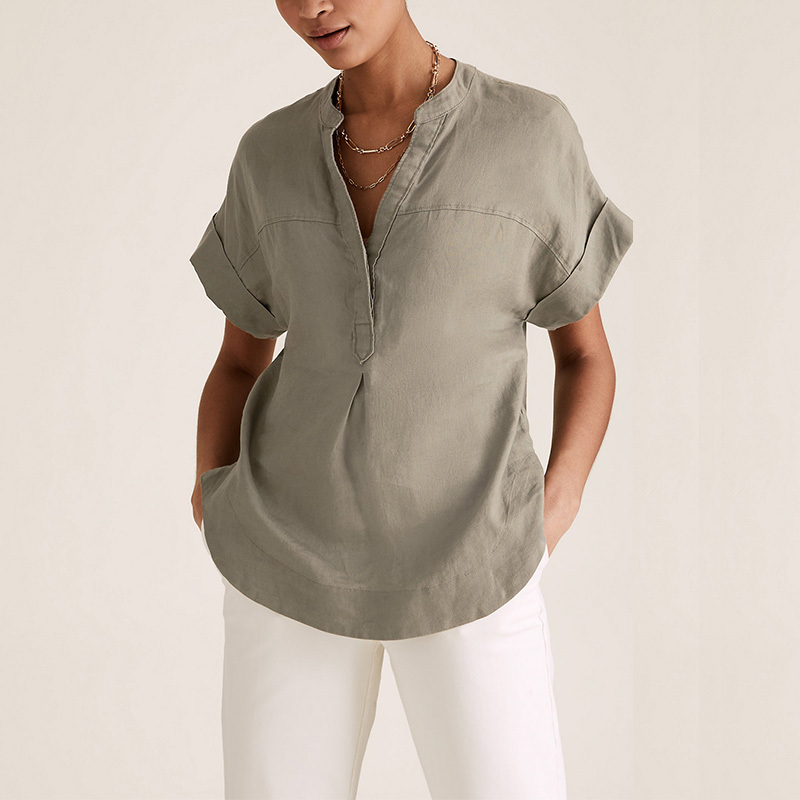 Womens washable linen V-neck short sleeve blouse