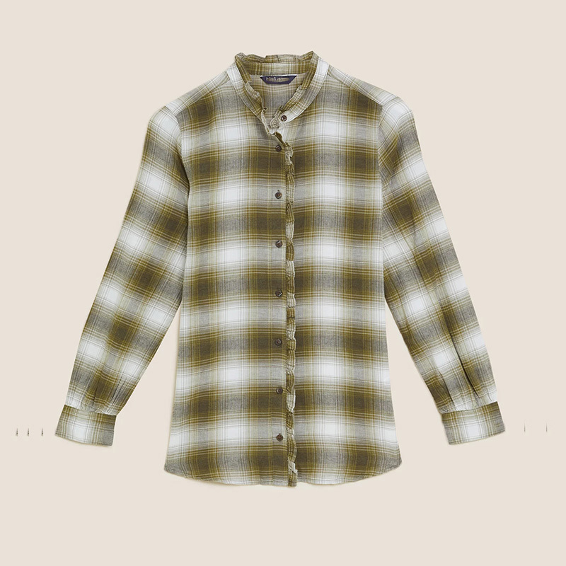 Womens plaid flannel otton check frill detail shirt