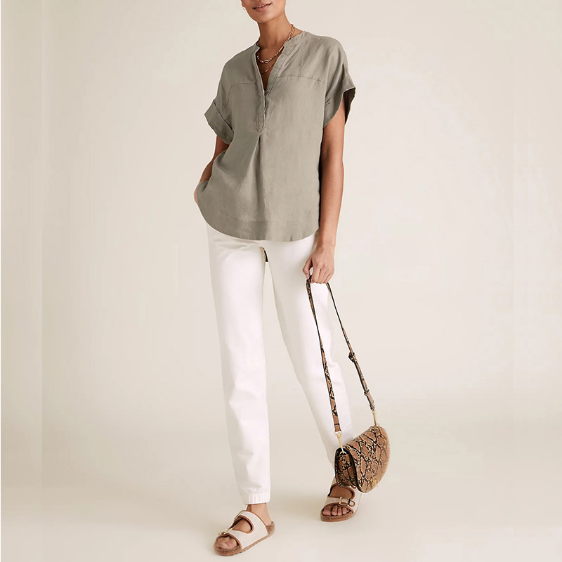 Womens washable linen V-neck short sleeve blouse