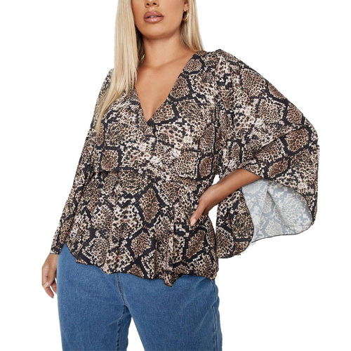Plus size snake print angel sleeve peplum wrap tops for women