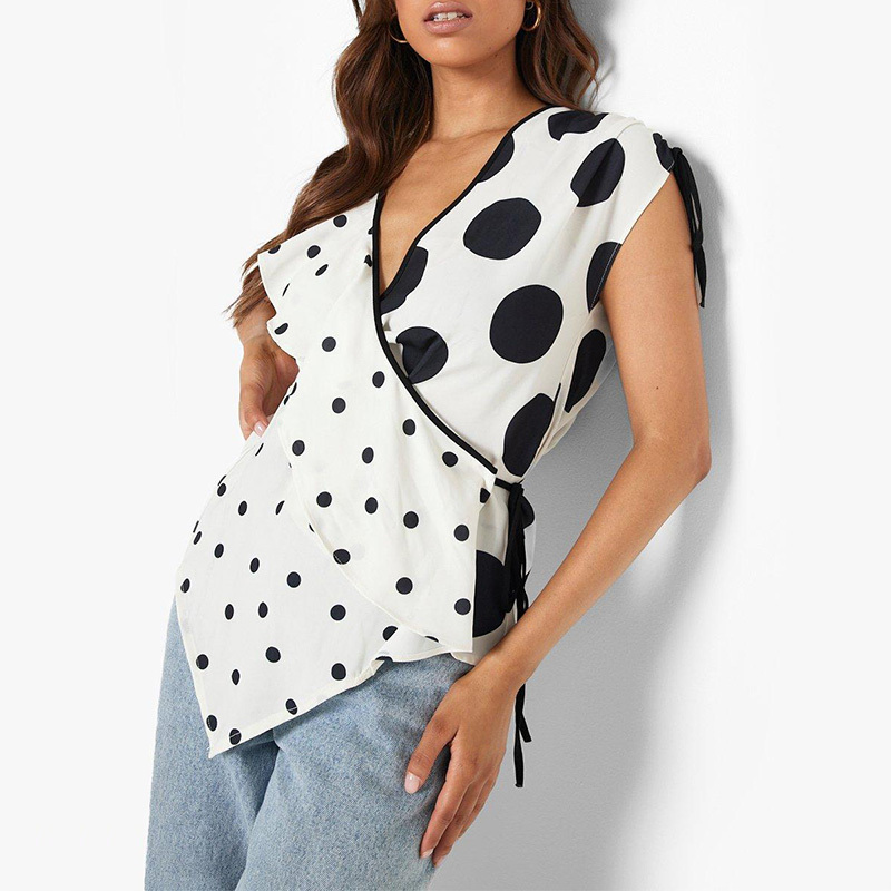 Womens mixed polka dot print wrap blouse