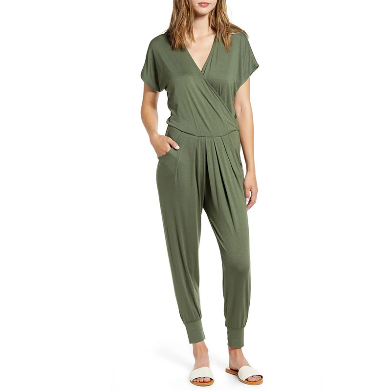 Short sleeve wrap top jumpsuit womens