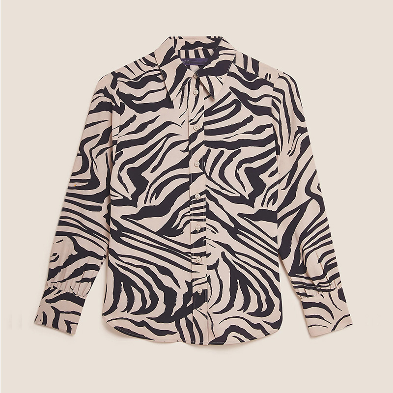 Zebra animal print collared long sleeve tops blouse for women