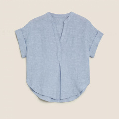 Womens washable linen V-neck short sleeve blouse