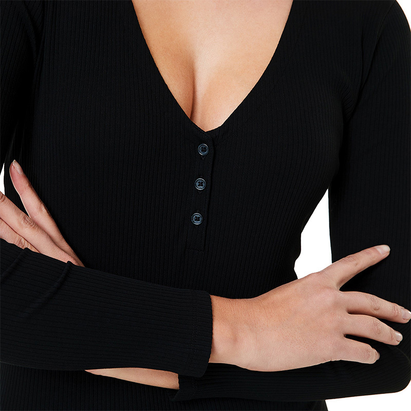 Ribbed long sleeve V neck bodysuit