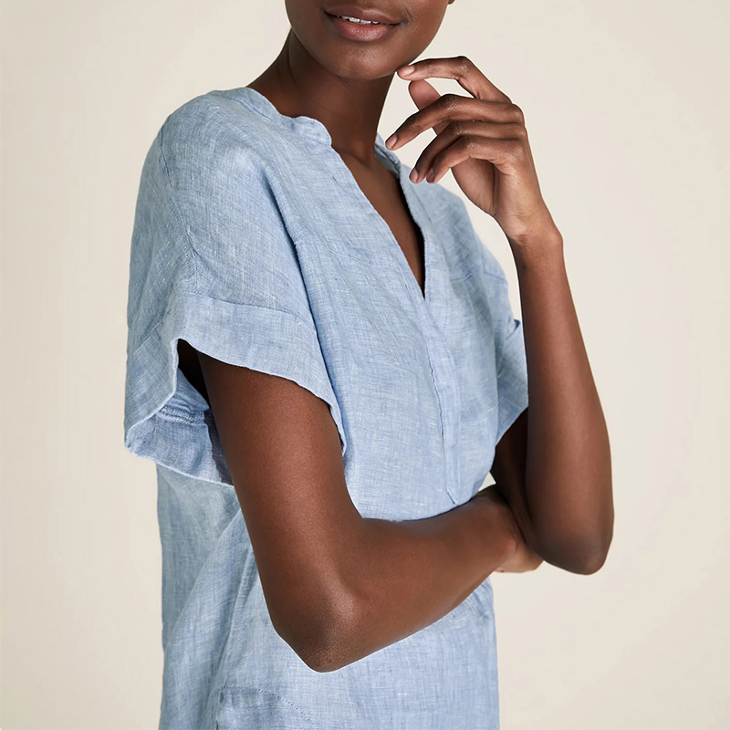 Womens washable linen V-neck short sleeve blouse