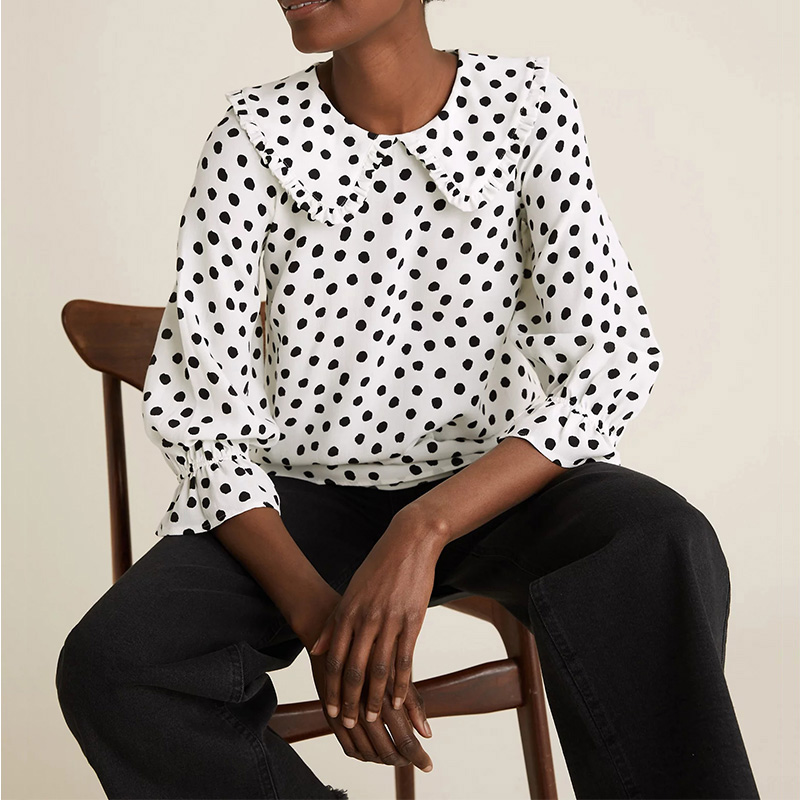 Womens white polka dot print doll collar ruffle blouse