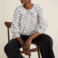 Womens white polka dot print doll collar ruffle blouse