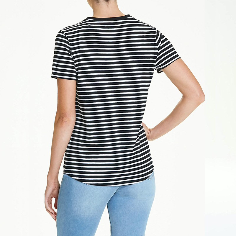 Black white striped V Neck T shirt women