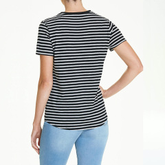 Black white striped V Neck T shirt women
