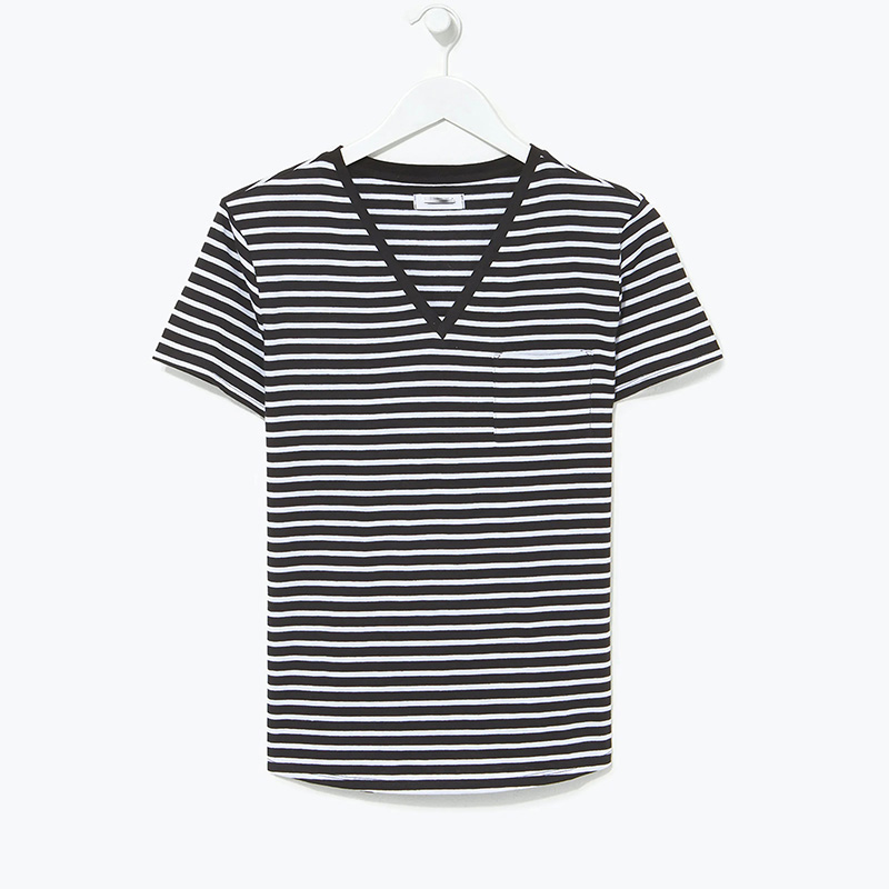 Black white striped V Neck T shirt women