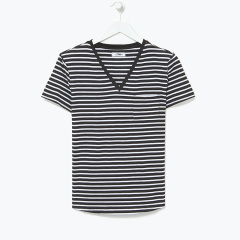 Black white striped V Neck T shirt women