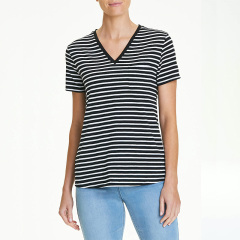 Black white striped V Neck T shirt women