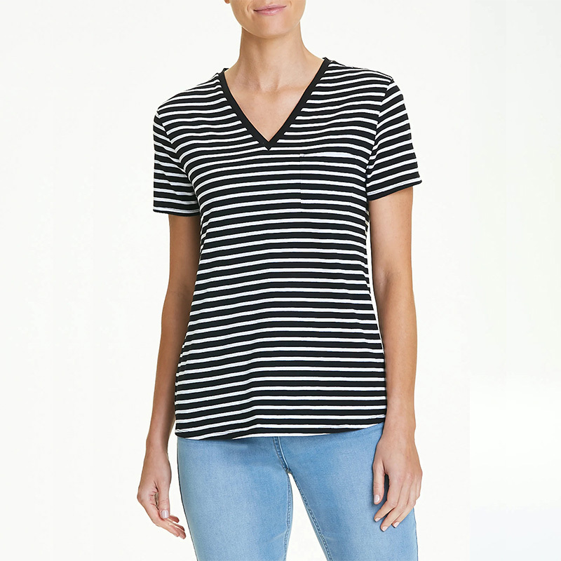 Black white striped V Neck T shirt women