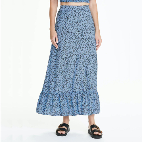 Blue floral high waist viscose maxi skirt long