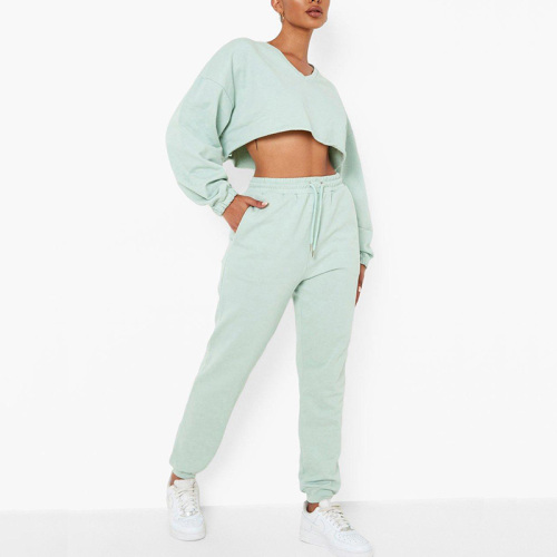 Custom womens V Neck Raw Edge Cropped Tracksuit