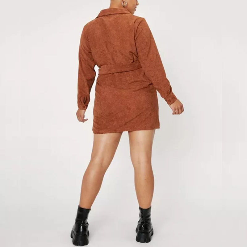 Plus size belted corduroy button down shirt dress womens