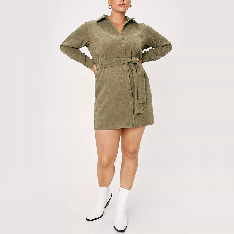 Plus size belted corduroy button down shirt dress womens