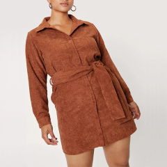 Plus size belted corduroy button down shirt dress womens