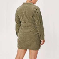 Plus size belted corduroy button down shirt dress womens