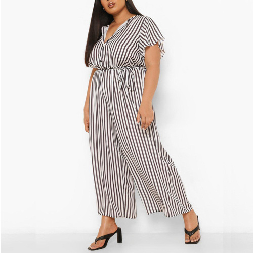 Plus size casual stripe button down Jumpsuit