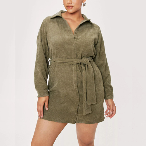 Plus size belted corduroy button down shirt dress womens