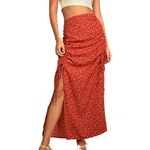 Womens floral print ruched side midi skirt