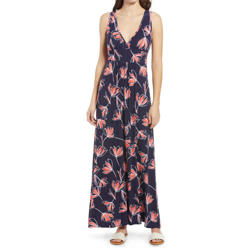 Women's casual sleeveless deep-V neck floral jersey maxi dress
