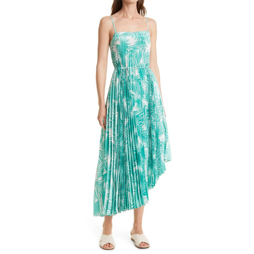 Womens sleeveless asymmetrical green floral print pleated midi dress
