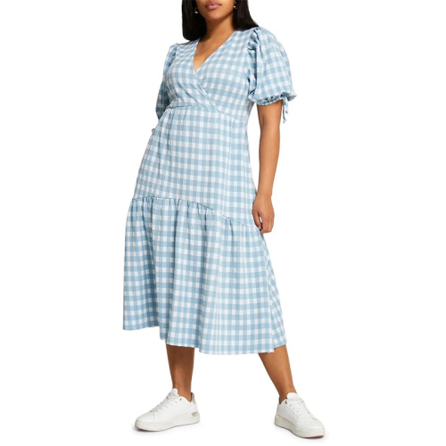 Short sleeve V neck blue plaid midi dress women