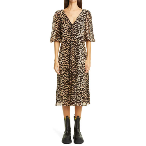 Ladies V neck leopard print midi dress