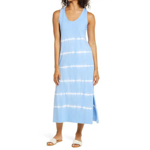 Womens sleeveless blue tie dye summer midi dress