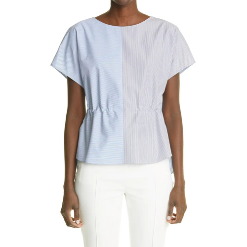 Wholesale clothing Short sleeves Contrast Seersucker Cotton Top Women's
