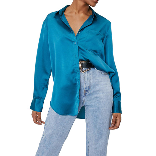 Satin Oversized Long Sleeve Pocket button down Shirt Women